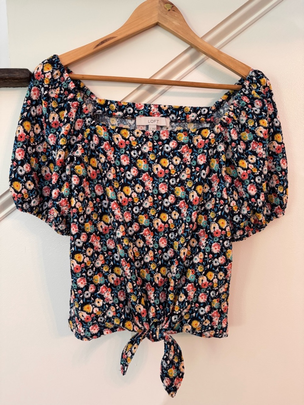 LOFT Navy Floral Puff-Sleeve Tie-Front Top